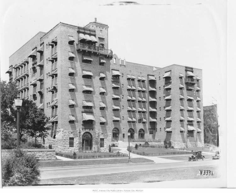 Historic photograph of the Park Lane Apartments building on Country Club Plaza, circa 1930s